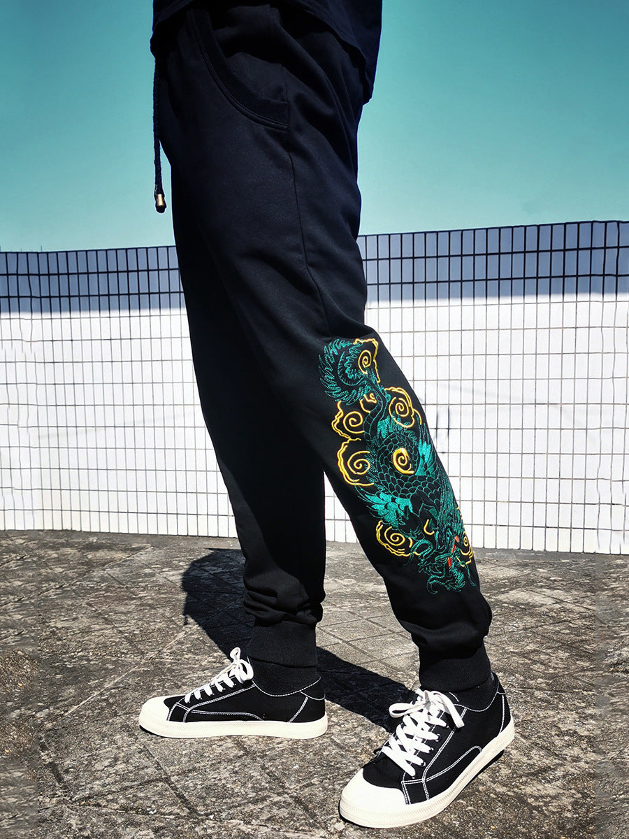 Embroidered dragon-patterned sweatpants