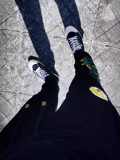 Embroidered dragon-patterned sweatpants