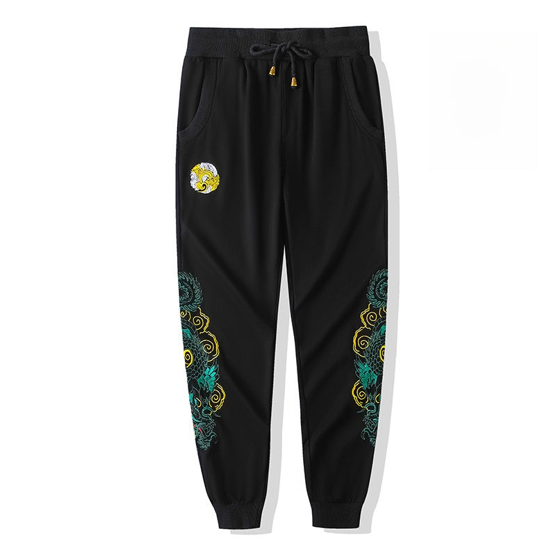 Embroidered dragon-patterned sweatpants