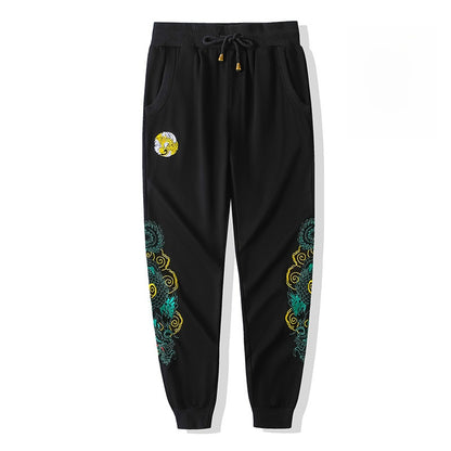 Embroidered dragon-patterned sweatpants