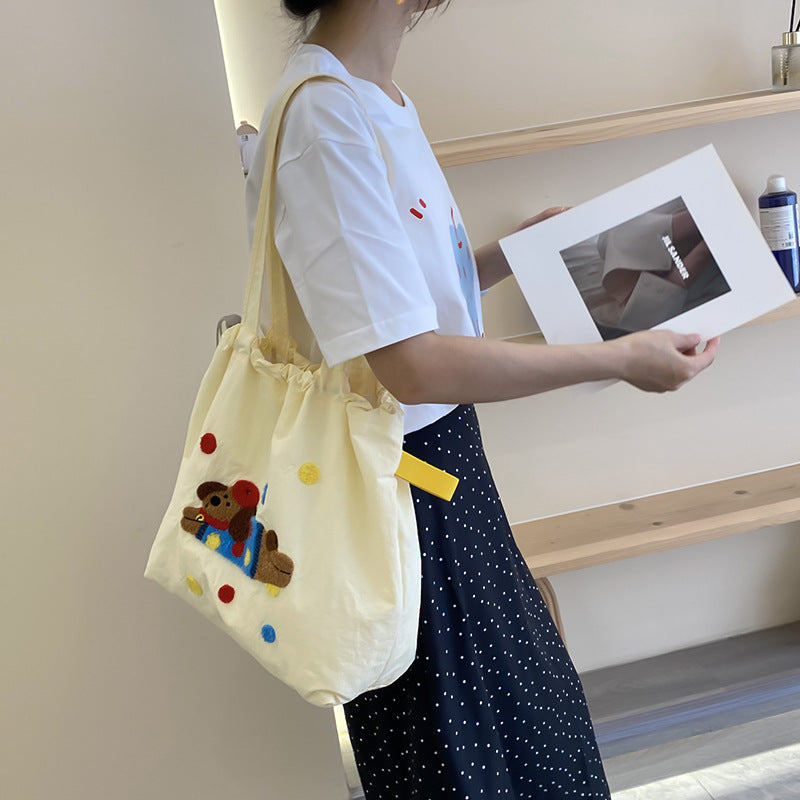 Embroidered Drawstring Tote Shoulder Bag