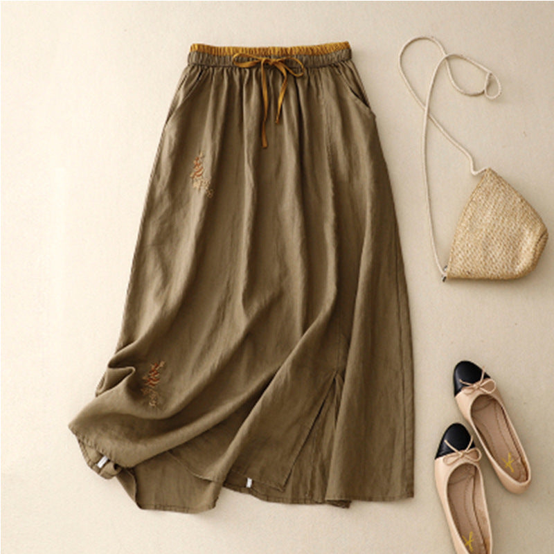 Embroidered Elastic Waist A-Line Skirt