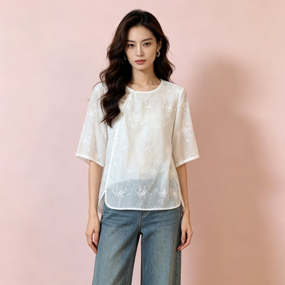 Embroidered Floral Cotton Shirt for Women
