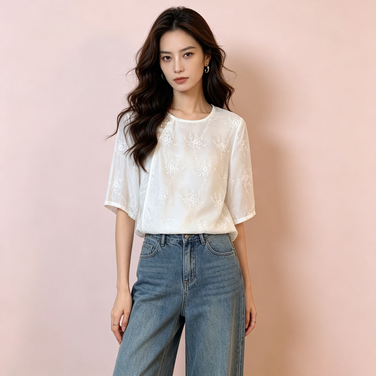 Embroidered Floral Cotton Shirt for Women