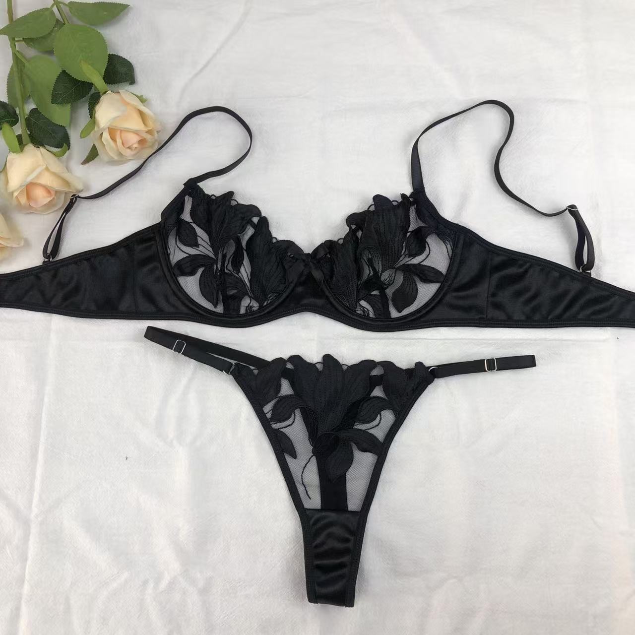 Embroidered Floral Lingerie Set Bra and Thong