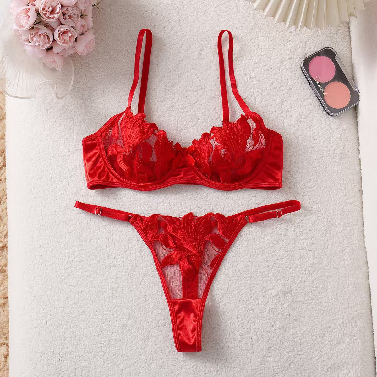Embroidered Floral Lingerie Set Bra and Thong