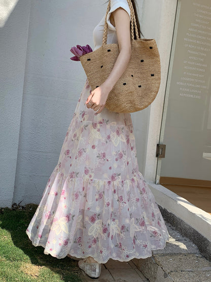 Embroidered floral pleated high waist A-line long skirt