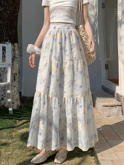 Embroidered floral pleated high waist A-line long skirt
