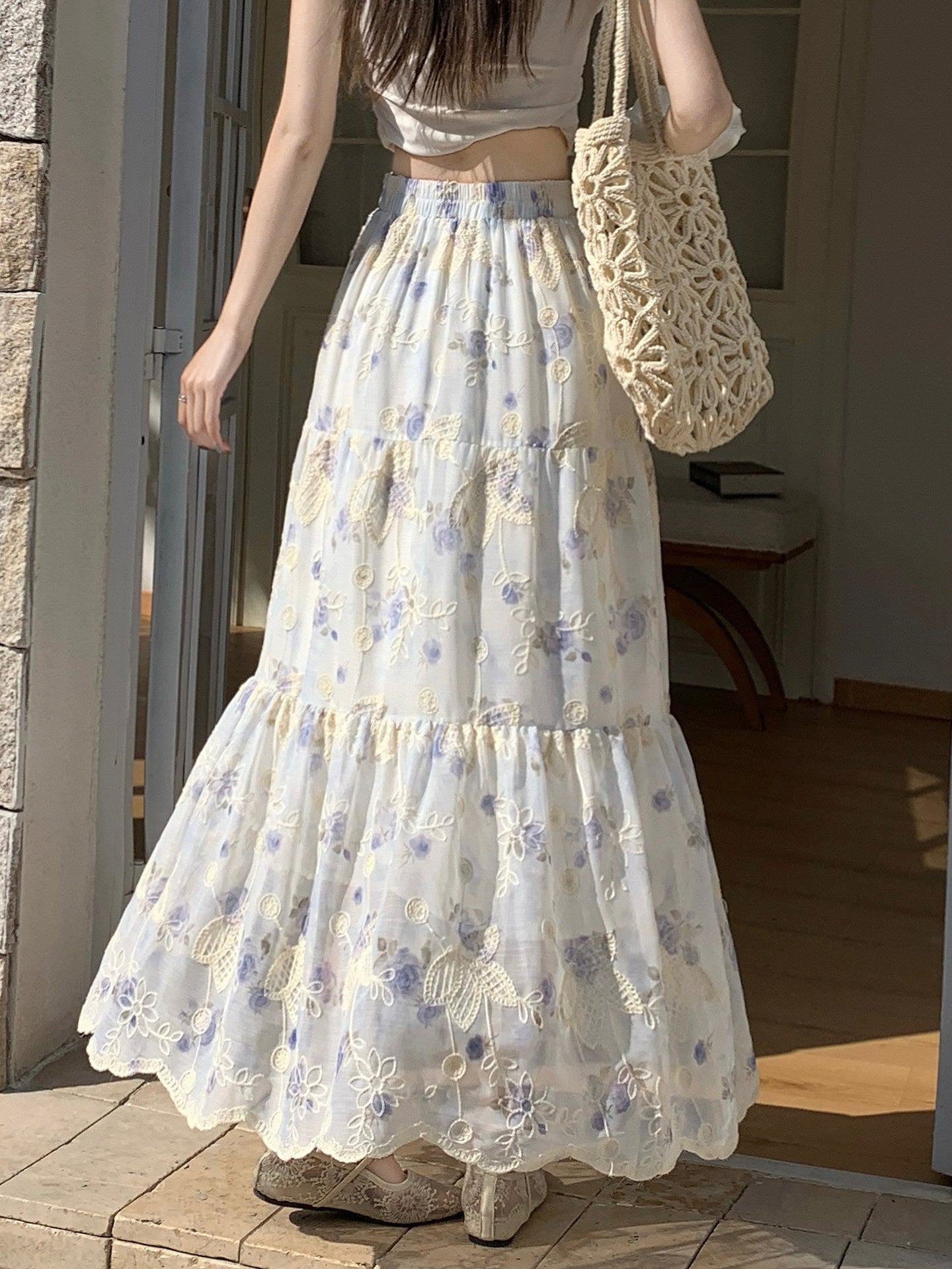 Embroidered floral pleated high waist A-line long skirt