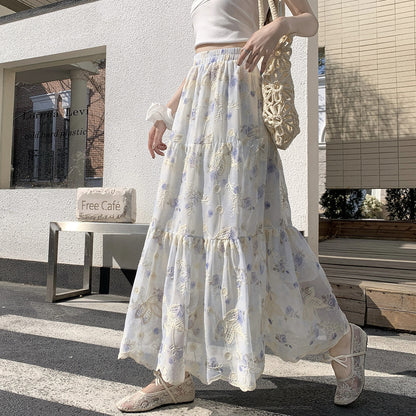 Embroidered floral pleated high waist A-line long skirt