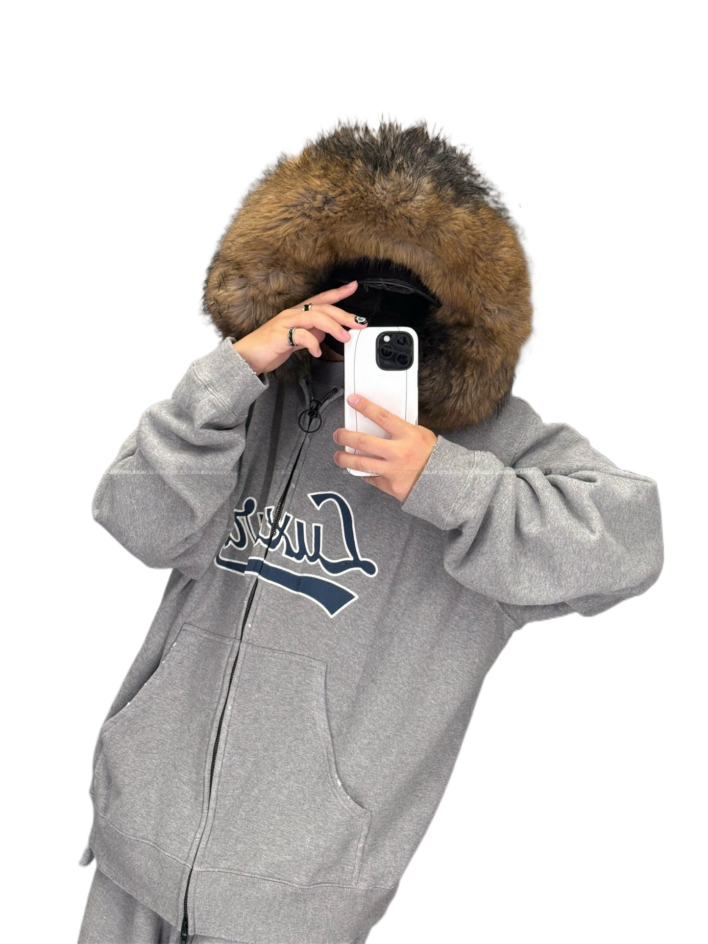 Embroidered Fur Collar Zipper Hoodie