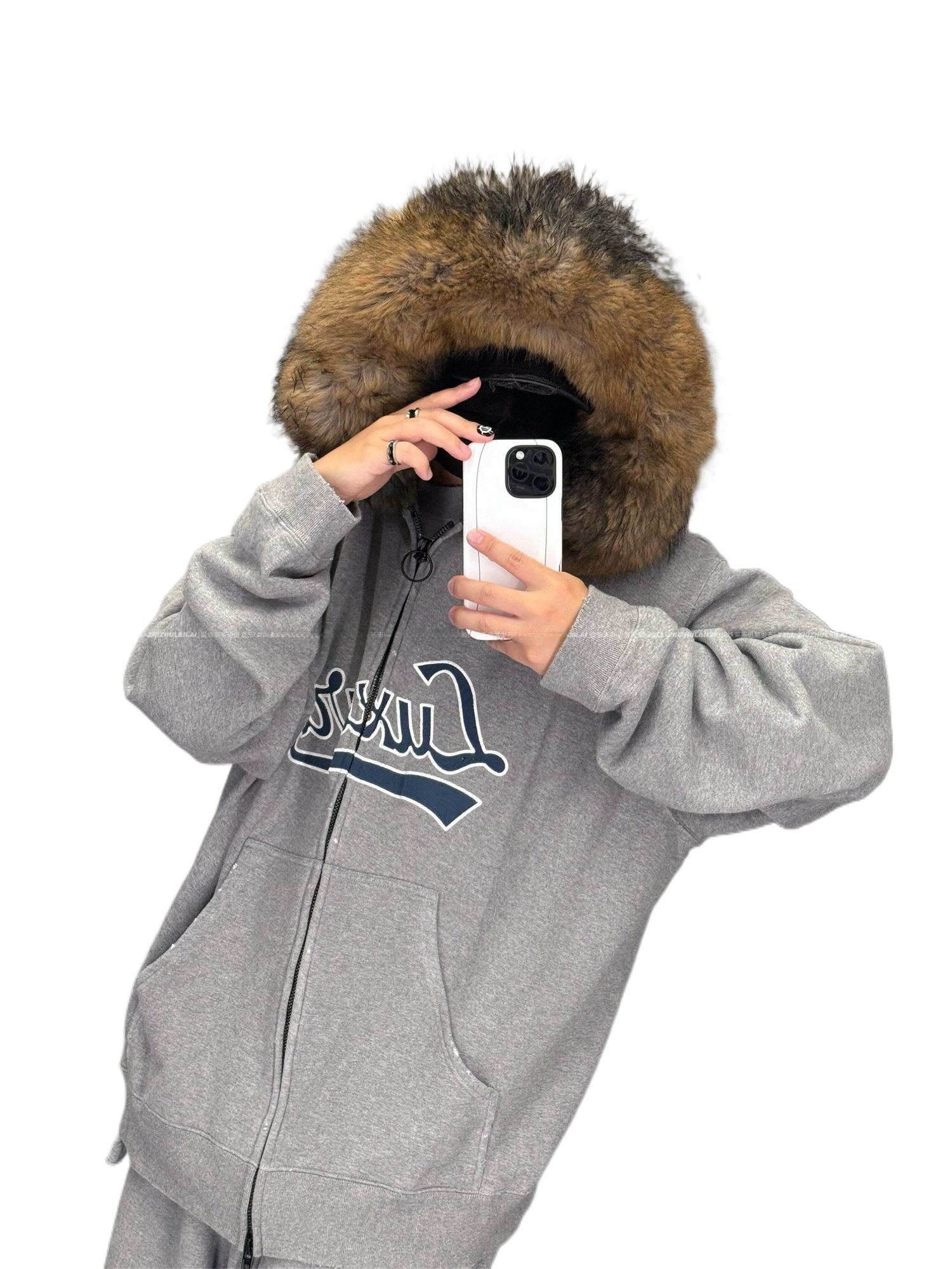Embroidered Fur Collar Zipper Hoodie