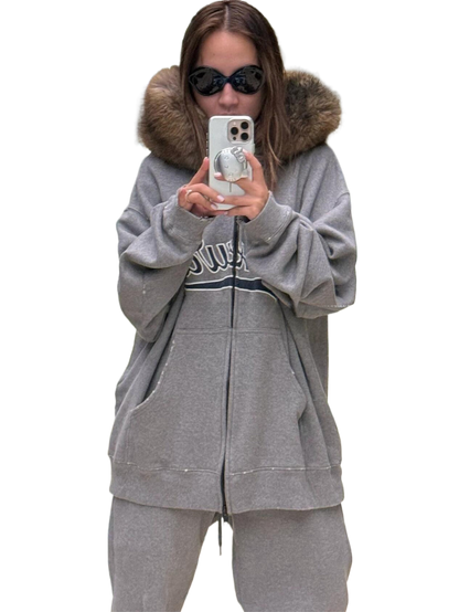 Embroidered Fur Collar Zipper Hoodie