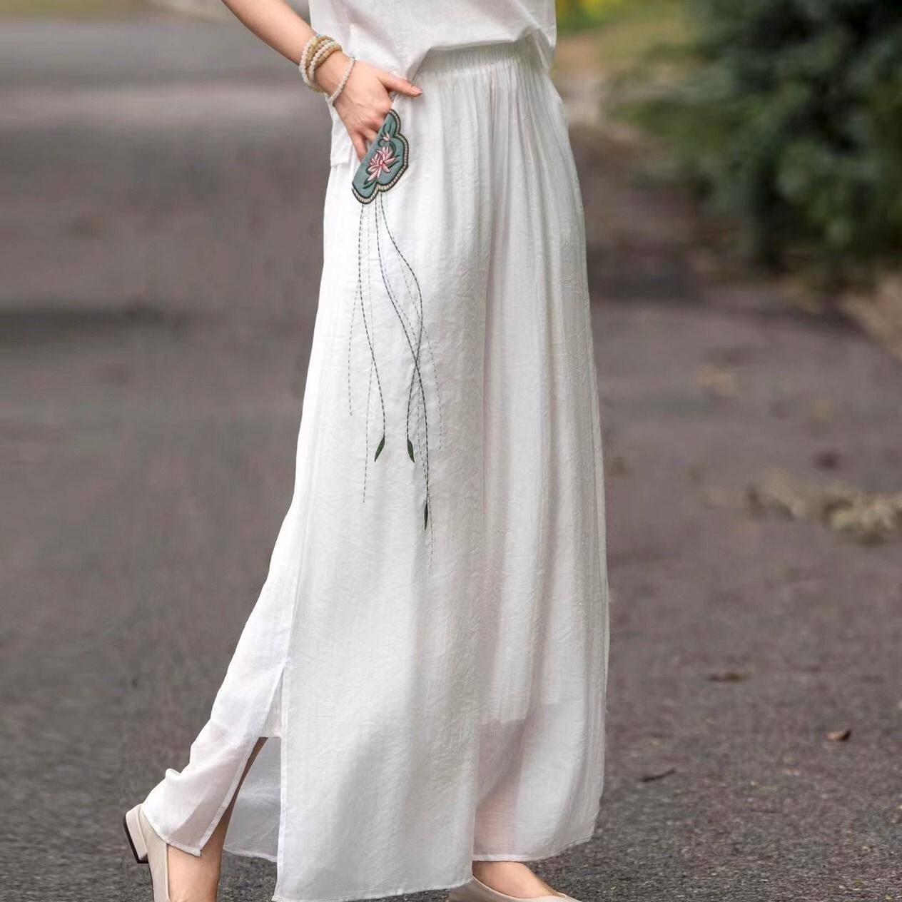 Embroidered High-Waisted Linen Wide-Leg Pants