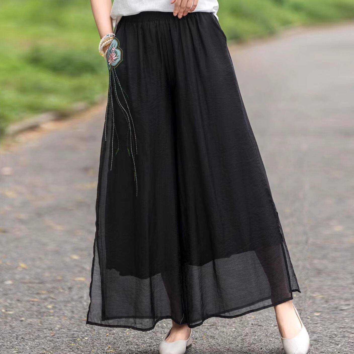 Embroidered High-Waisted Linen Wide-Leg Pants