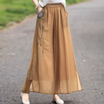 Embroidered High-Waisted Linen Wide-Leg Pants