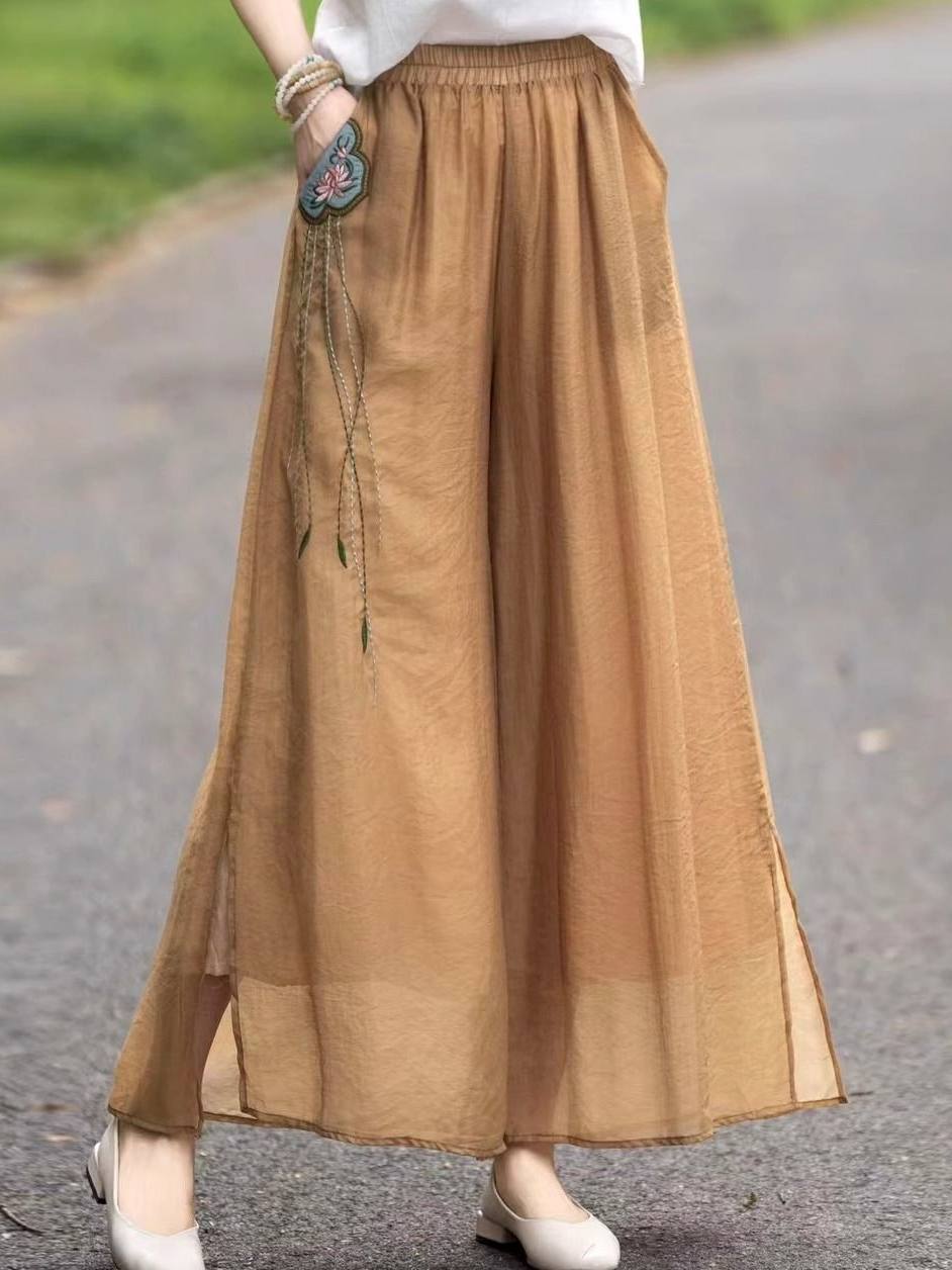 Embroidered High-Waisted Linen Wide-Leg Pants