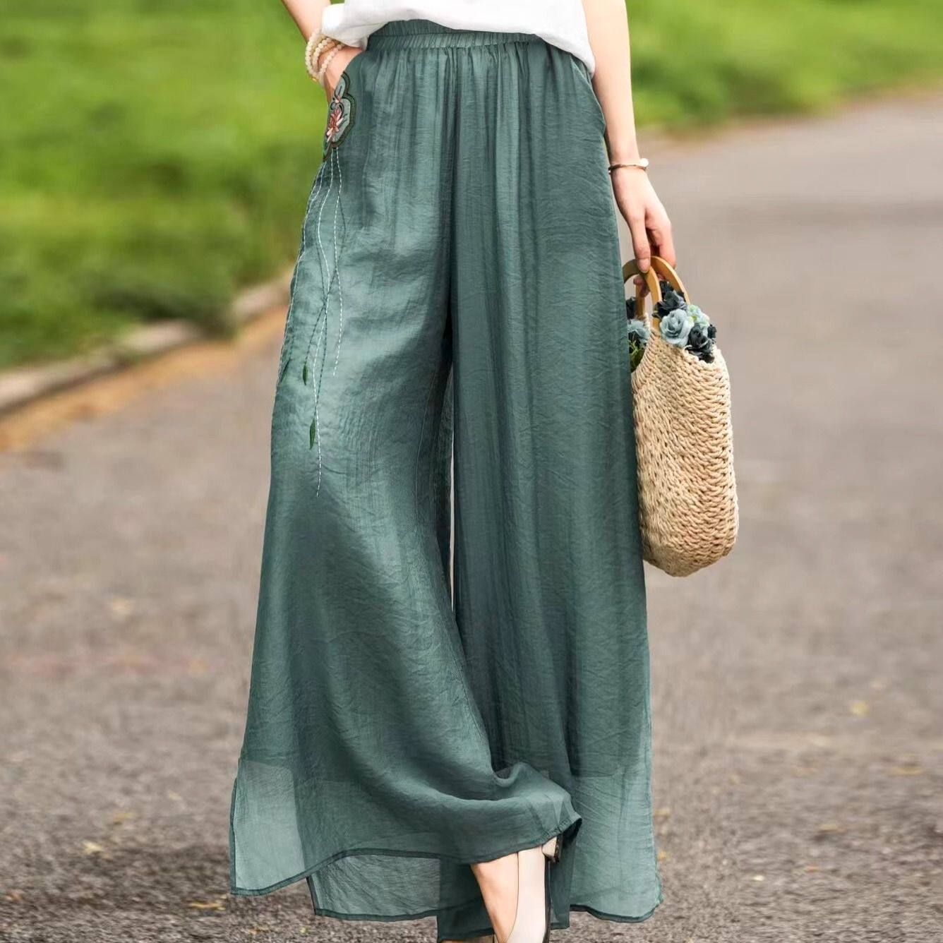 Embroidered High-Waisted Linen Wide-Leg Pants