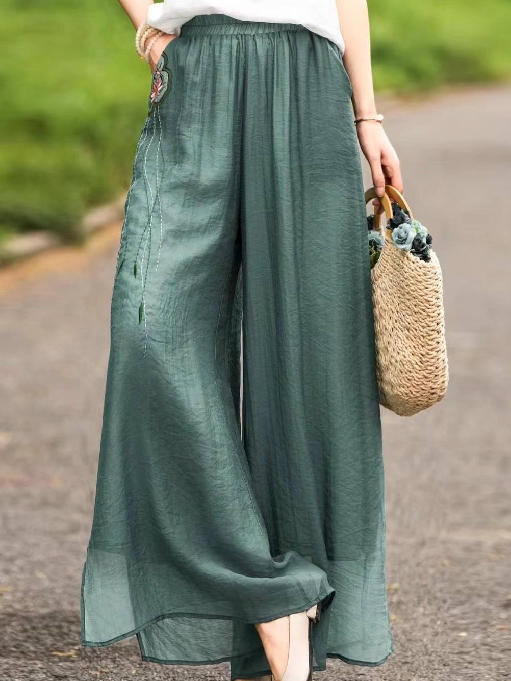 Embroidered High-Waisted Linen Wide-Leg Pants