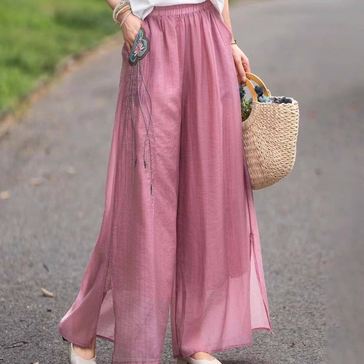 Embroidered High-Waisted Linen Wide-Leg Pants