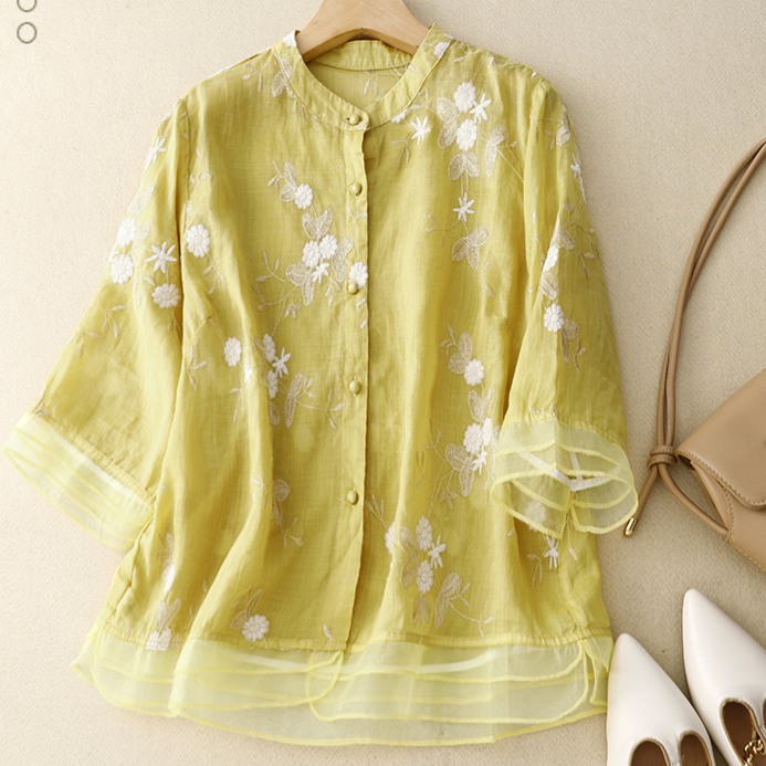 Embroidered Loose Stand Collar Shirt