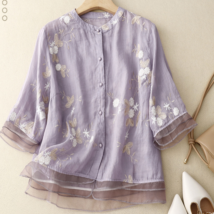Embroidered Loose Stand Collar Shirt