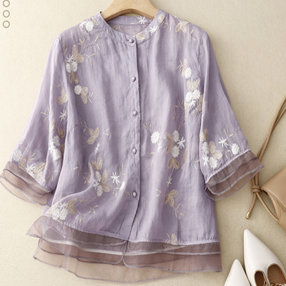 Embroidered Loose Stand Collar Shirt