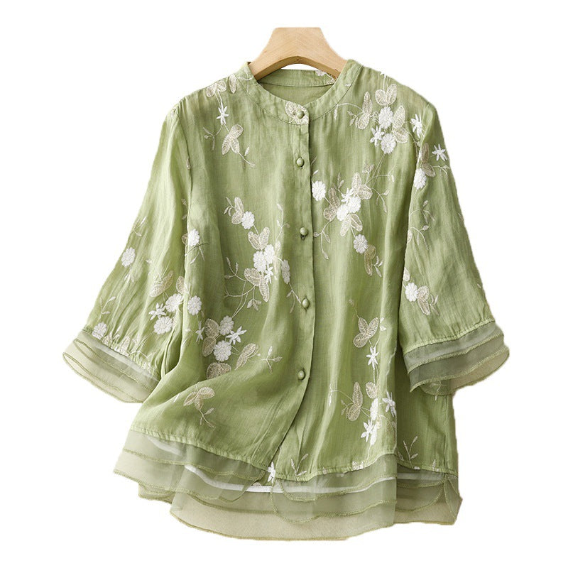 Embroidered Loose Stand Collar Shirt