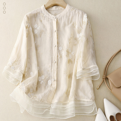 Embroidered Loose Stand Collar Shirt