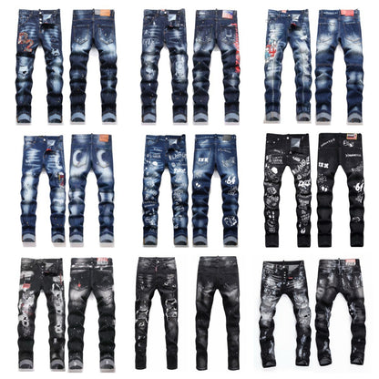 Embroidered Mens Ripped Stretch Denim Jeans
