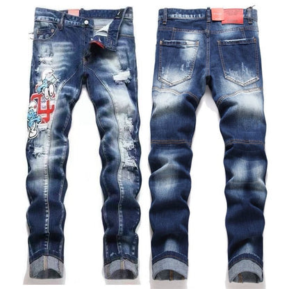 Embroidered Mens Ripped Stretch Denim Jeans