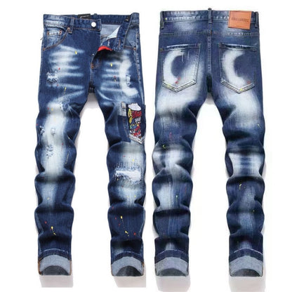 Embroidered Mens Ripped Stretch Denim Jeans