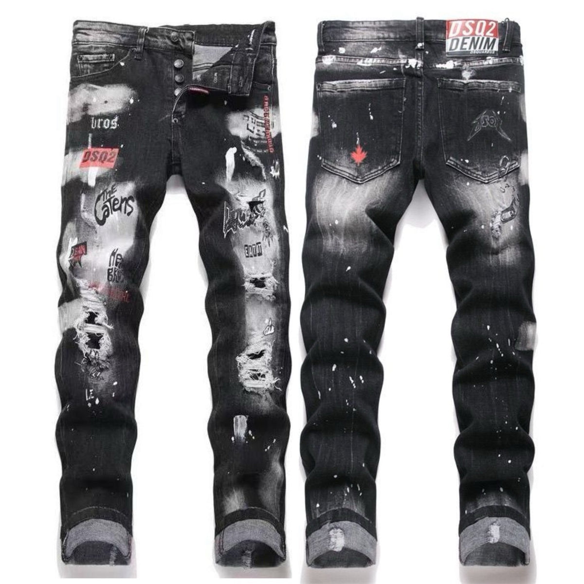 Embroidered Mens Ripped Stretch Denim Jeans