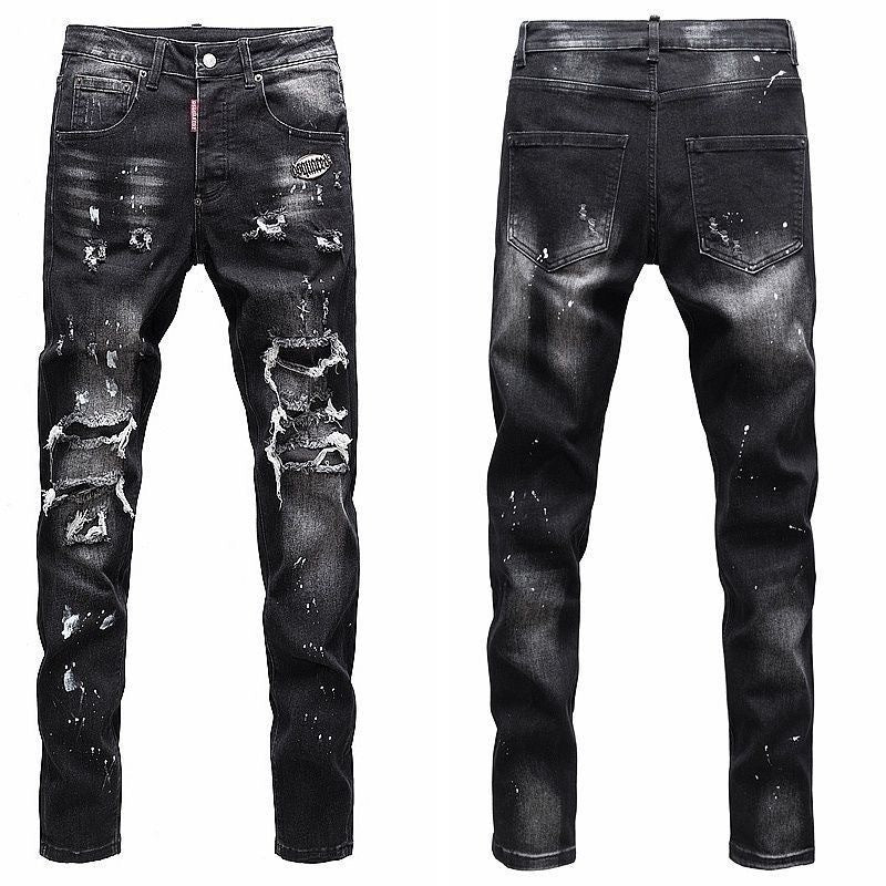 Embroidered Mens Ripped Stretch Denim Jeans