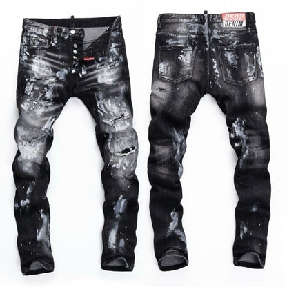 Embroidered Mens Ripped Stretch Denim Jeans