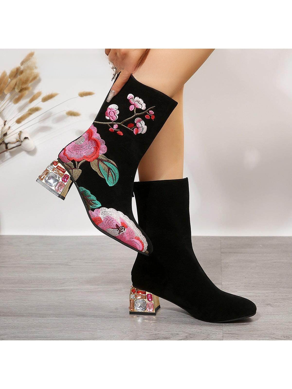 Embroidered Mid Heel Leather Boots