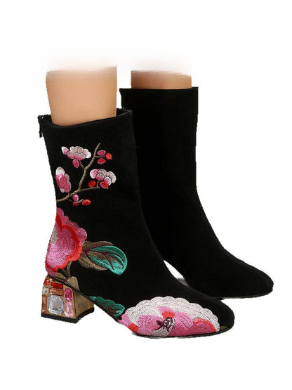Embroidered Mid Heel Leather Boots
