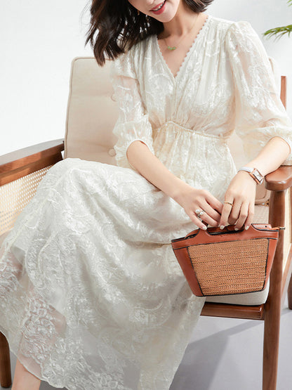 Embroidered Mulberry Silk V-Neck Dress