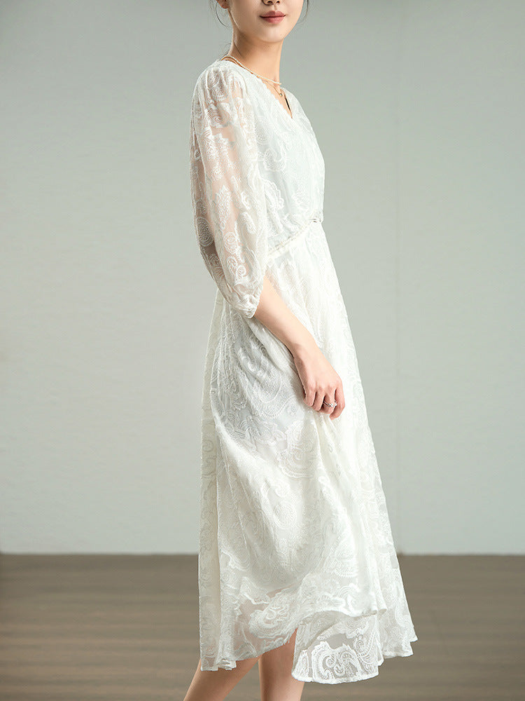 Embroidered Mulberry Silk V-Neck Dress