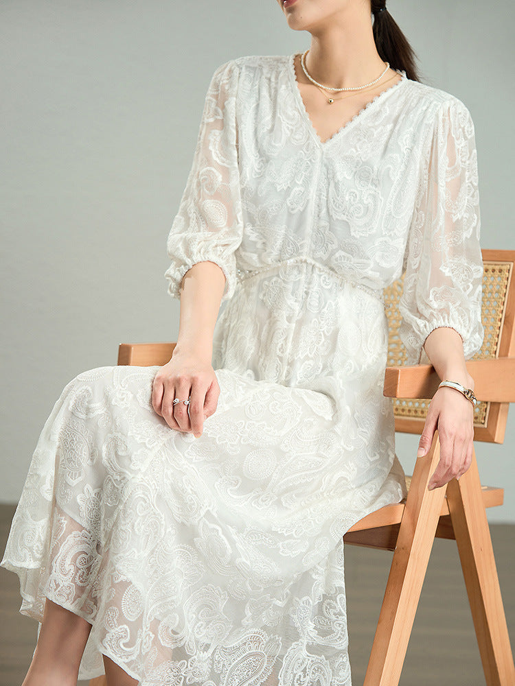 Embroidered Mulberry Silk V-Neck Dress