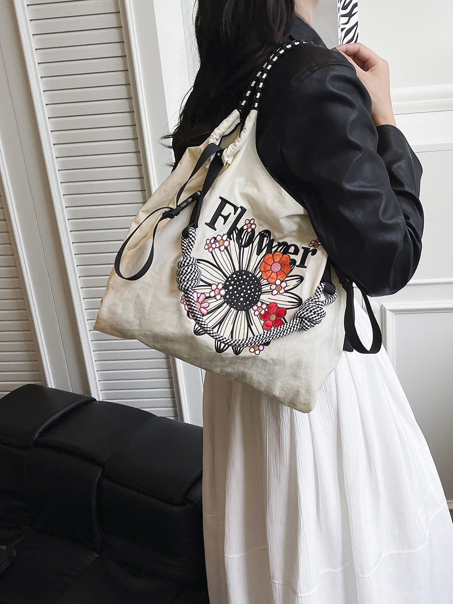 Embroidered Nylon Drawstring Shopping Bag