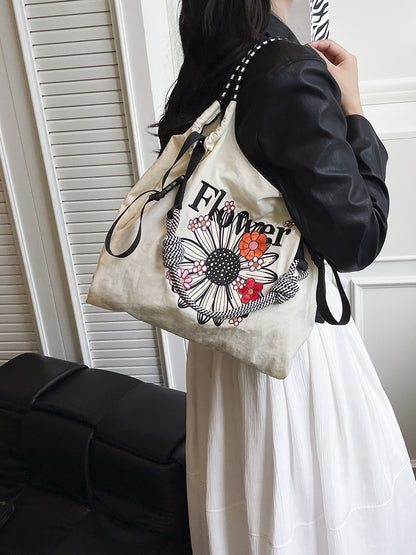 Embroidered Nylon Drawstring Shopping Bag