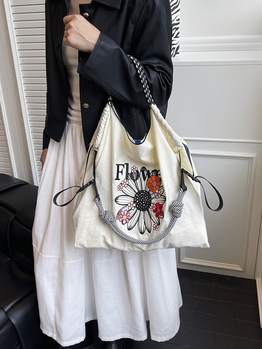 Embroidered Nylon Drawstring Shopping Bag