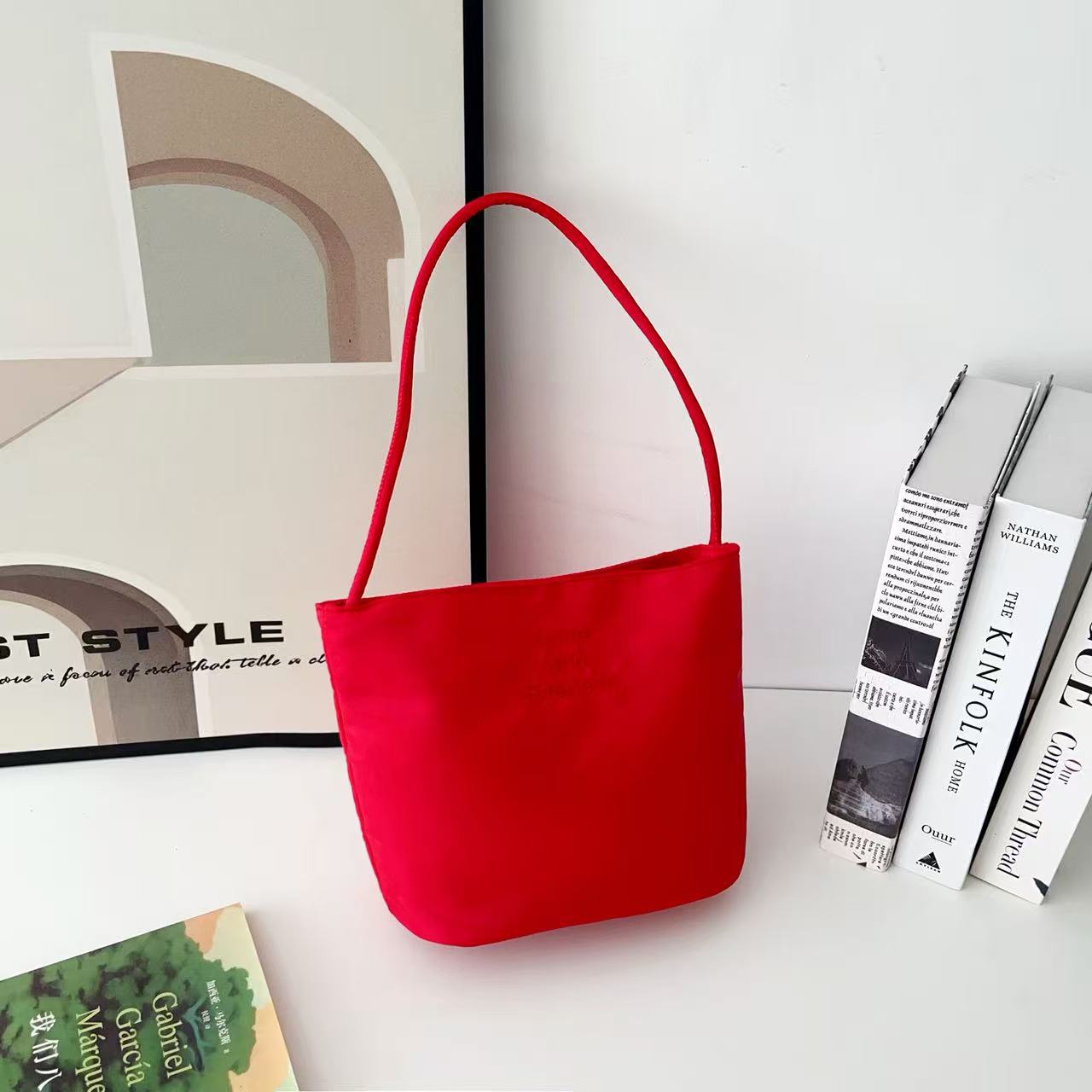 Embroidered Nylon Shoulder Bag