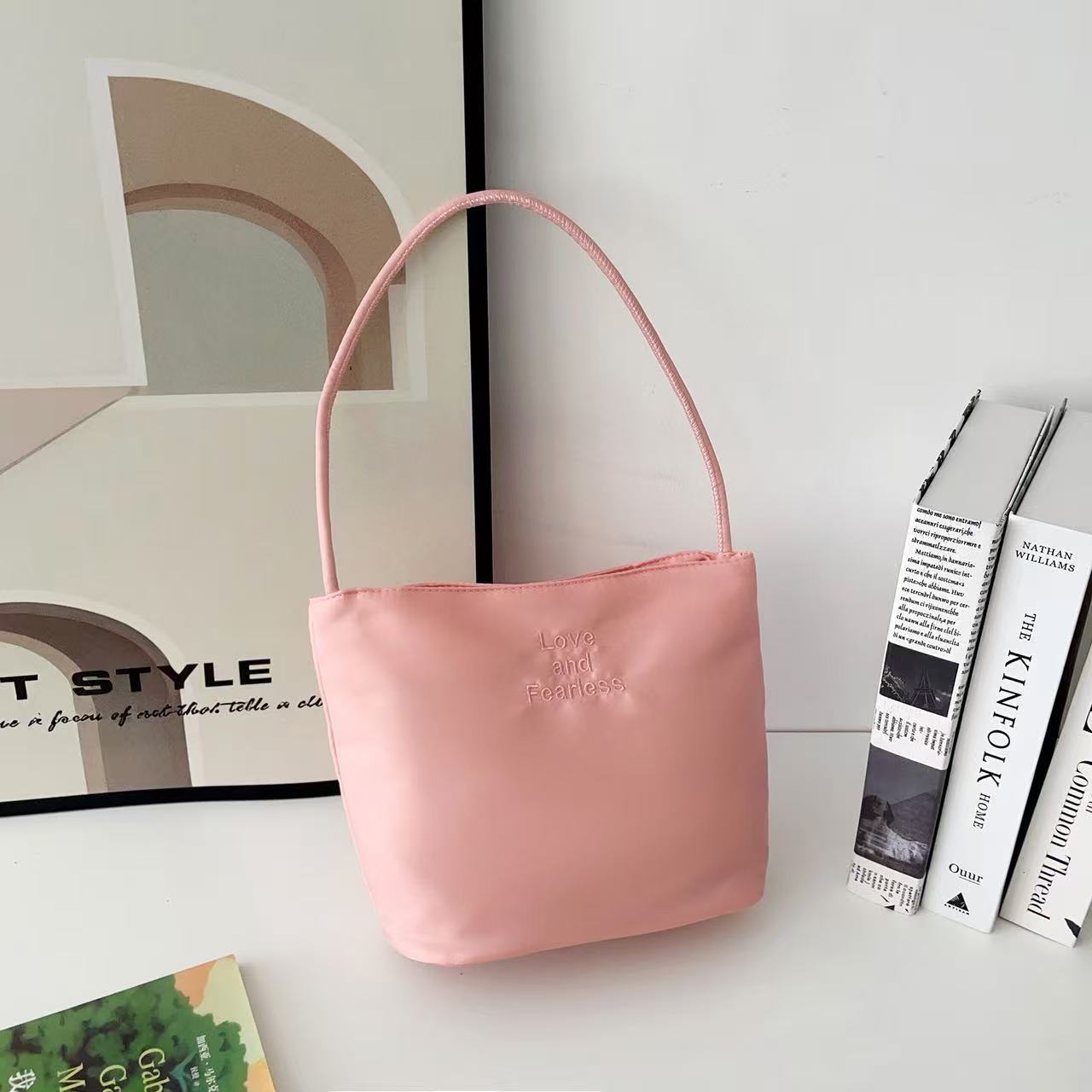 Embroidered Nylon Shoulder Bag