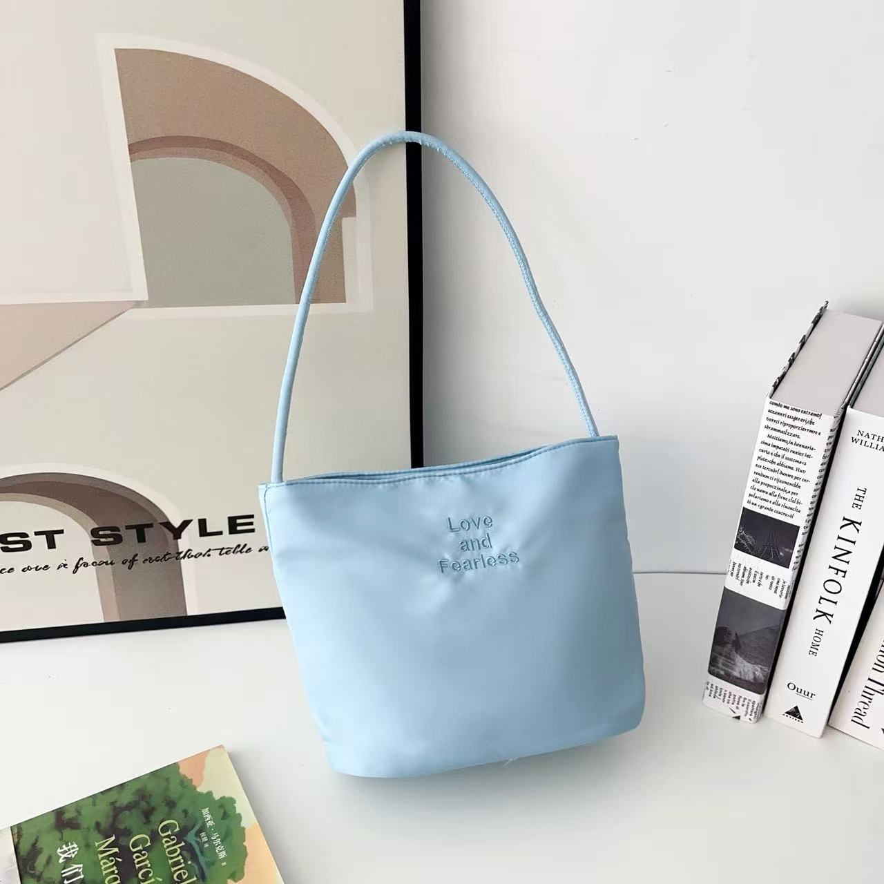 Embroidered Nylon Shoulder Bag