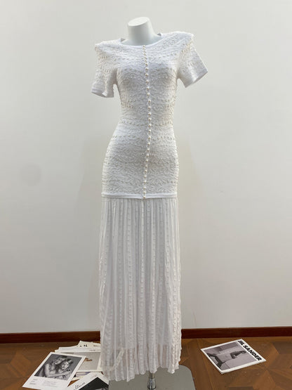 Embroidered Pearl Lace Knit Cardigan and Dress Set