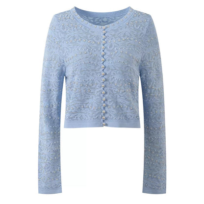 Embroidered Pearl Lace Knit Cardigan and Dress Set