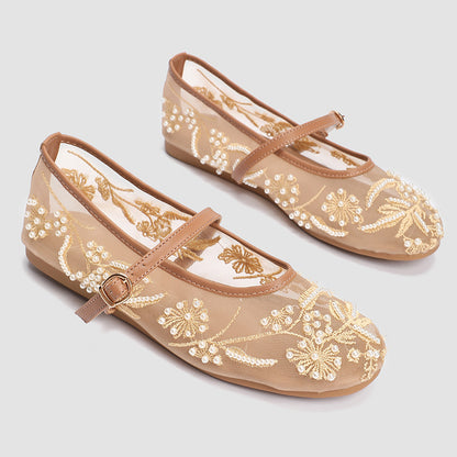 Embroidered Pearl Mesh Ballet Flat Shoes