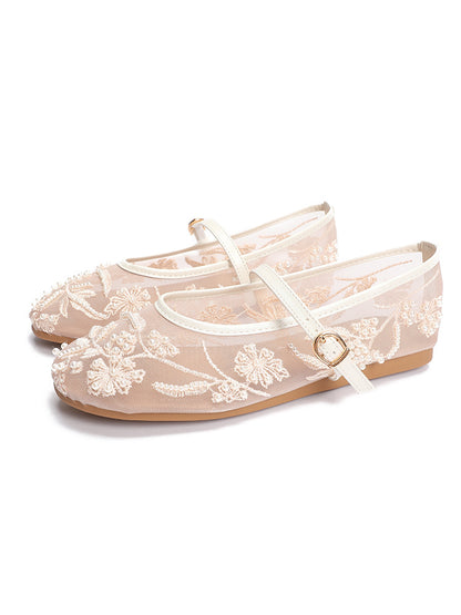 Embroidered Pearl Mesh Ballet Flat Shoes
